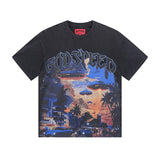Cross-border gs american high street washed retro skull racing machine girl printing short-sleeved fashion