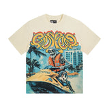 Cross-border gs american high street washed retro skull racing machine girl printing short-sleeved fashion