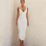 Women Summer Dresses  Midi Dress  Fashion Sexy V-neck Mesh Pleats Dress
