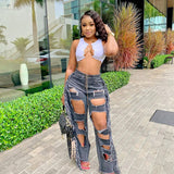 Women Distressed Denim Jeans Ripped Jean Gray Broken Hole Tassel Jeans Straight-Leg Pants for Women