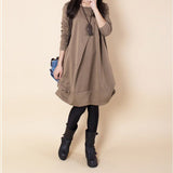 Work Dresses with Pockets Autumn Large Size Loose Casual round Neck Long Sleeve Dress