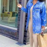Women Denim Jacket Ripped Denim Coat Denim Trench Coat for Women