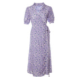 Vintage Empire Waist Dress Retro V-neck Purple Floral Dress Summer