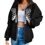 Skeleton Hoodie Autumn Casual Sweatshirt Halloween Skull Print Pullover Double Hooded Top for Women