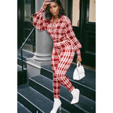 Women Plaid Catsuit Women Checkered Jumpsuit Fashion Fall and Winter Lapels Slim Fit Puff Sleeve Women's Plaid Printed Jumpsuit