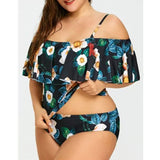 Women Plus Size Swimwear Tankinis Printed Split Swimsuit Off-Shoulder Halter Bikini