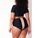 Women Plus Size Swimwear Bikini Color Matching High Waist Half Sleeve Split Swimsuit