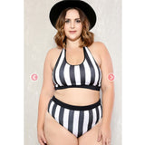 Women Plus Size Swimwear Tankinis Striped High Waist Split Bikini Swimsuit