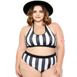 Women Plus Size Swimwear Tankinis Striped High Waist Split Bikini Swimsuit