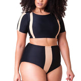 Women Plus Size Swimwear Bikini Color Matching High Waist Half Sleeve Split Swimsuit
