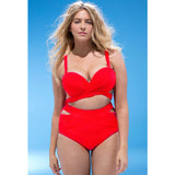 Women Plus Size Swimwear Bikini Solid Color High Waist Lace-up Pleating Swimsuit