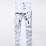 J Shaped Jeans Men's Denim Newspaper Printing Casual Trousers