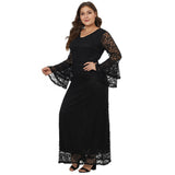 Women Plus Size Maxi Dresses V-neck Collar Flared Long Sleeve Zipper Lace Long Dress
