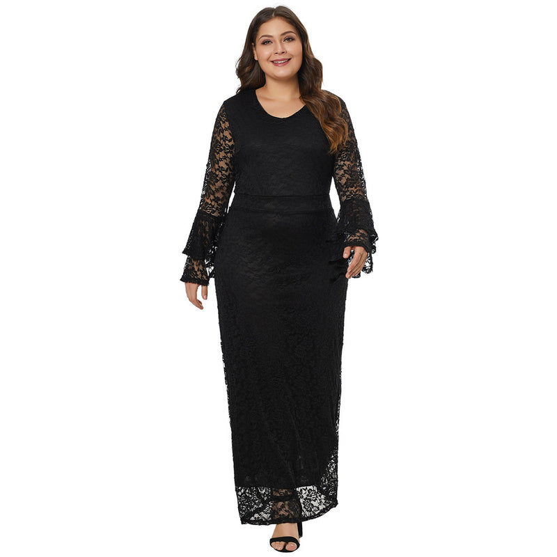 Women Plus Size Maxi Dresses V-neck Collar Flared Long Sleeve Zipper Lace Long Dress