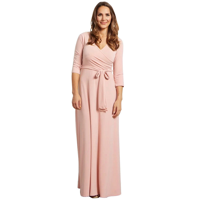 Women Plus Size Maxi Dresses Nine-Quarter Sleeve Solid Color Deep V High Waist Large Swing Long Dress