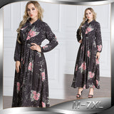 Women Plus Size Maxi Dresses Long Sleeve Printed Waist-Controlled Large Swing Mopping Chiffon Dress