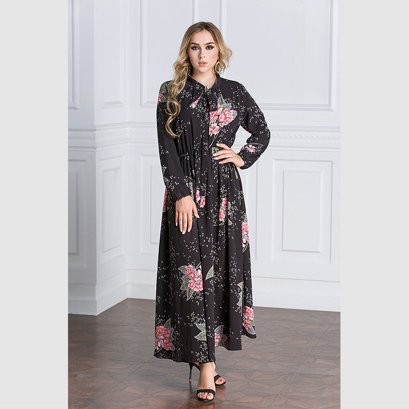 Women Plus Size Maxi Dresses Long Sleeve Printed Waist-Controlled Large Swing Mopping Chiffon Dress