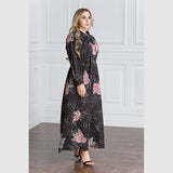 Women Plus Size Maxi Dresses Long Sleeve Printed Waist-Controlled Large Swing Mopping Chiffon Dress