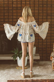 Women Shirts Flower Embroidered Hollow Off-Shoulder Large Bell Sleeve Shirt Top