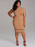 Women Plus Size Midi Dresses Pure Color Mesh Stitching Pencil Dress