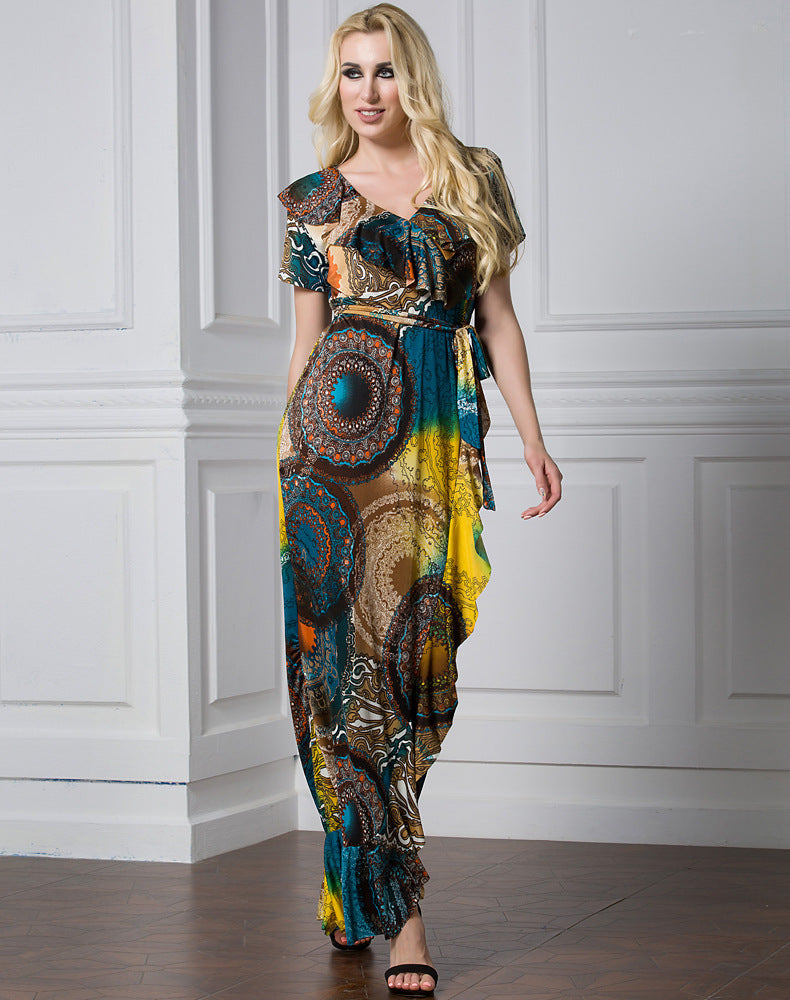 Women Plus Size Maxi Dresses Summer Muslim Short Sleeve Ruffled Long Dress