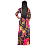 Women Plus Size Maxi Dressesvv Collar 3/4 Sleeve Sexy Waist Trimming Printed Dress