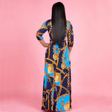 Women Plus Size Maxi Dressesvv Collar 3/4 Sleeve Sexy Waist Trimming Printed Dress