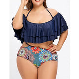 Women Plus Size Swimwear Tankinis Sexy Off-the-Shoulder Ruffled High Waist Split Swimsuit for Women