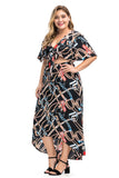 Women Plus Size Dresses Printed V-neck Lace-up Midi Dress