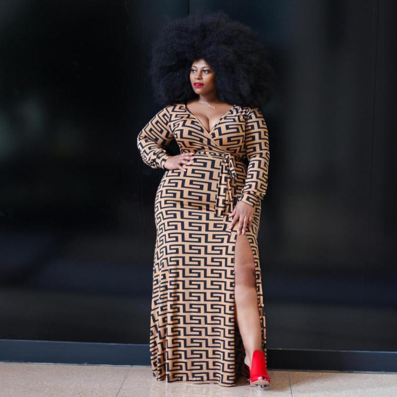 Women Plus Size Maxi Dresses Sexy V-neck Maze Print Dress