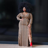 Women Plus Size Maxi Dresses Sexy V-neck Maze Print Dress
