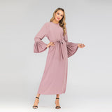 Muslim Women Stylish Kashibo Abaya Muslim Ladies Long Gown Islamic Clothing Jilbab Jalabiya Round Neck Slim-Fit Pleated Sleeve Dress