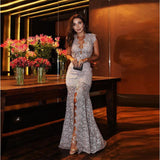 Women Lace Wedding Dress Women's Dress Banquet Evening Dress Lace Split Long Dress
