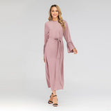 Muslim Women Stylish Kashibo Abaya Muslim Ladies Long Gown Islamic Clothing Jilbab Jalabiya Round Neck Slim-Fit Pleated Sleeve Dress