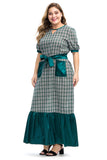 Women Plus Size Dresses Ruffles Stitching Tied Plaid Long Dress