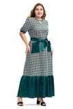 Women Plus Size Dresses Ruffles Stitching Tied Plaid Long Dress