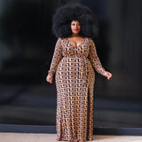 Women Plus Size Maxi Dresses Sexy V-neck Maze Print Dress