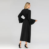 Muslim Women Stylish Kashibo Abaya Muslim Ladies Long Gown Islamic Clothing Jilbab Jalabiya Round Neck Slim-Fit Pleated Sleeve Dress