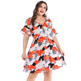 Women plus Size Dressesv Collar Printed Ruffle Sleeve Stitching Dress for Women