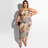 Women Plus Size Midi Dresses Leopard Print Suspenders Skinny Bodycon Sexy Two-Piece Suit