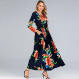 Muslim Women Stylish Kashibo Abaya Muslim Ladies Long Gown Islamic Clothing Jilbab Jalabiya Printed Slim Long-Sleeve Round-Collar Dress