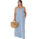 Women Plus Size Maxi Dresses Striped Loose Strap Dress with Belt Summer