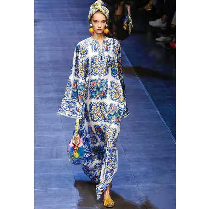 Beth Dutton Bohemian Dress Winter Autumn Midi Dresses Blue and White Porcelain Evening Dress
