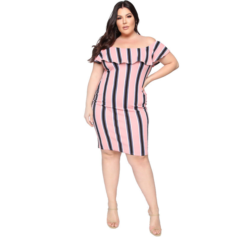 Women Plus Size Mini Dresses Summer Striped Off-Shoulder Ruffle Collar Dress