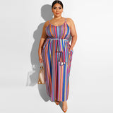 Women Plus Size Maxi Dresses Striped Loose Strap Dress with Belt Summer