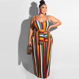 Women Plus Size Maxi Dresses Striped Loose Strap Dress with Belt Summer