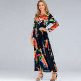 Muslim Women Stylish Kashibo Abaya Muslim Ladies Long Gown Islamic Clothing Jilbab Jalabiya Printed Slim Long-Sleeve Round-Collar Dress