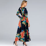 Muslim Women Stylish Kashibo Abaya Muslim Ladies Long Gown Islamic Clothing Jilbab Jalabiya Printed Slim Long-Sleeve Round-Collar Dress