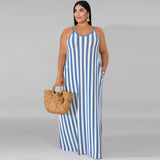 Women Plus Size Maxi Dresses Striped Loose Strap Dress with Belt Summer