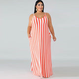 Women Plus Size Maxi Dresses Striped Loose Strap Dress with Belt Summer